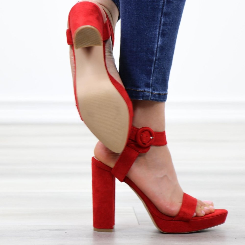 Faux Suede Red Platform Open Pointy Toe High Heels - Picture 4 of 14